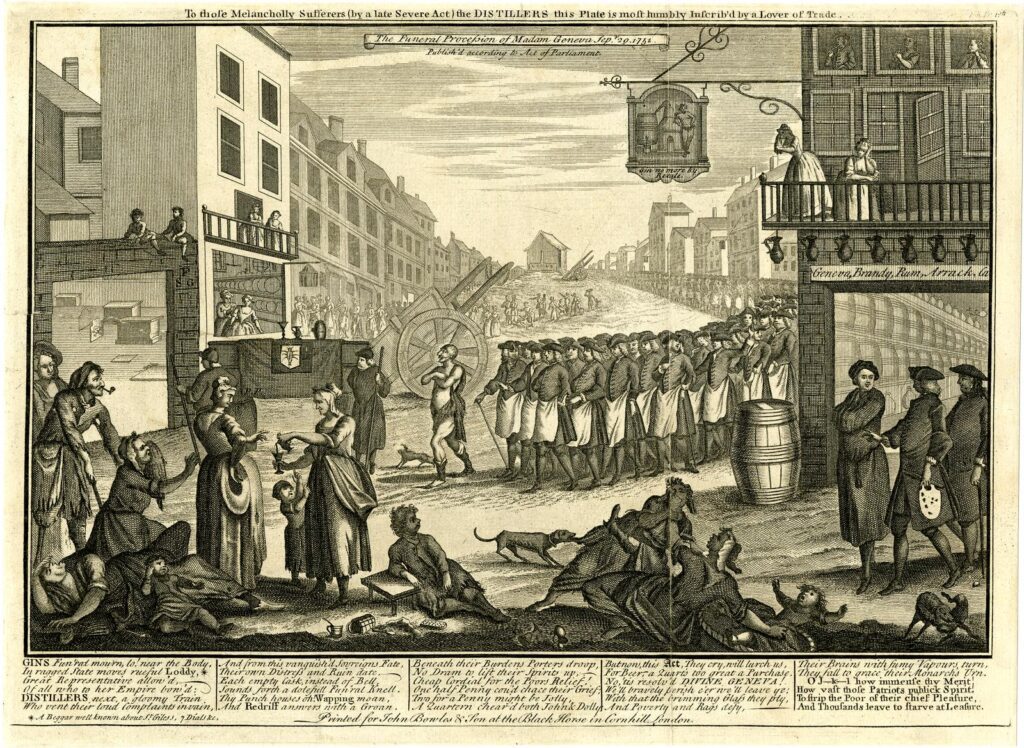 Satirischer Kupferstich, London 1751: „Leichenzug der Madame Genf" – Protest gegen den Gin Act. Prozession durch eine Stadtstraße, im Vordergrund verarmte Figuren.